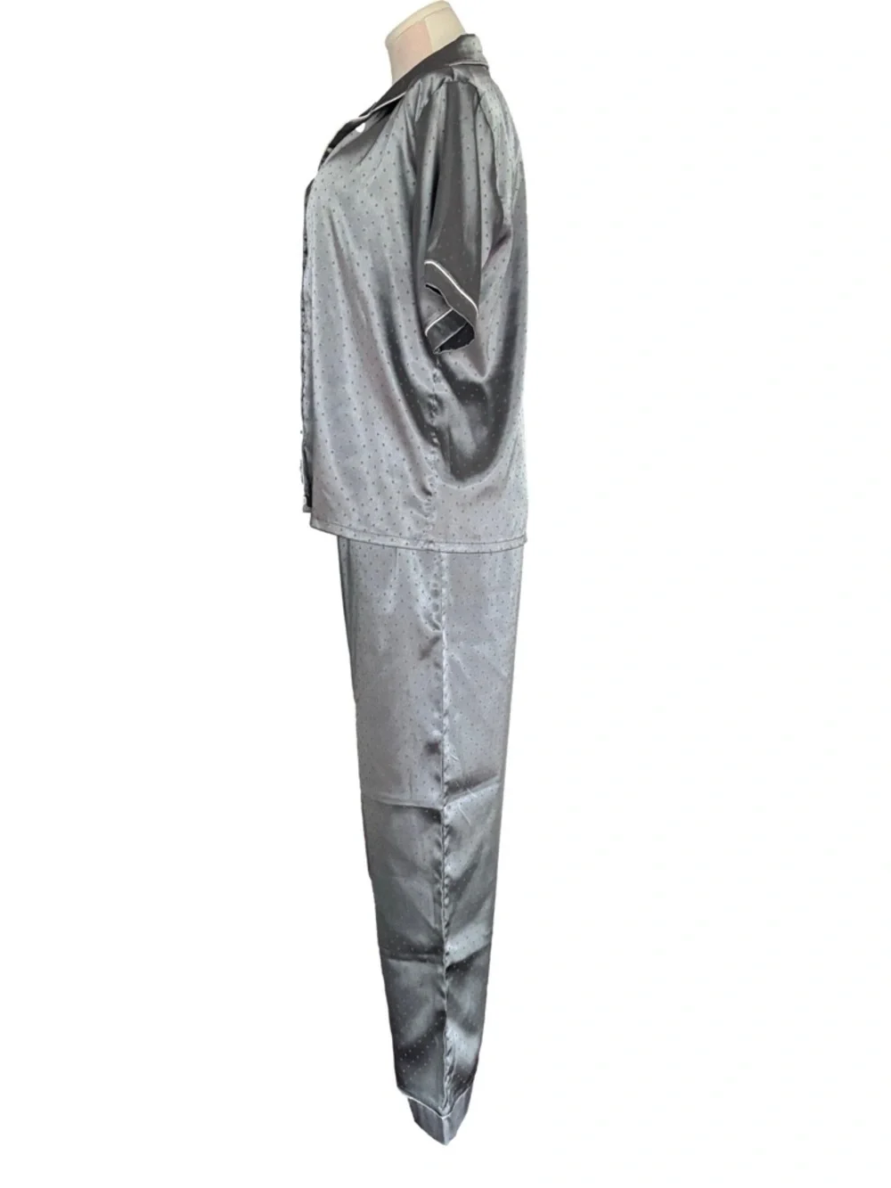 Loungewear Pajama Set - Silver Satin Polka Dot - M